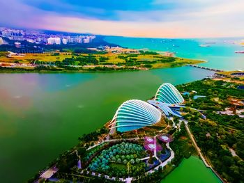 High angle view of plants by lake against sky