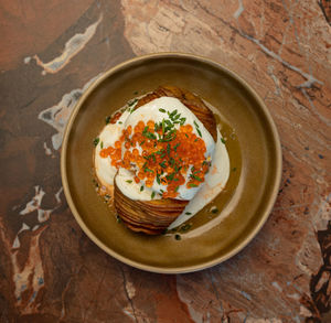 High angle view of food in bowl on table