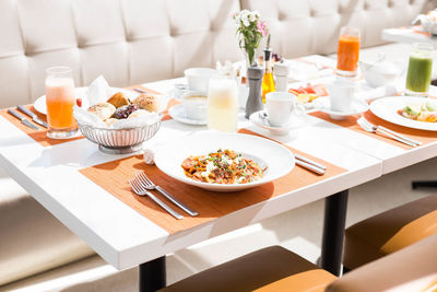 High angle view of breakfast on table