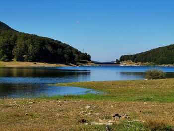 Scenic view of lake against clear sky