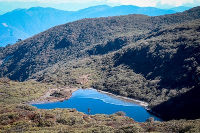 High angle view of landscape and mountains against blue sky