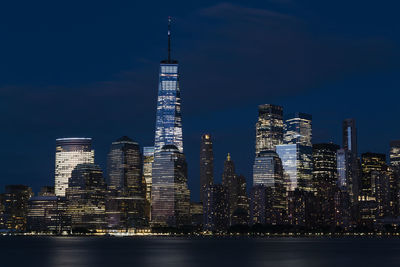 New york city skyline at night. view from hudson river, new york, usa, america.