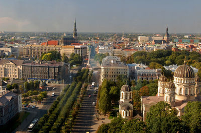 High angle view of buildings in city