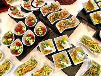 High angle view of meal served on table