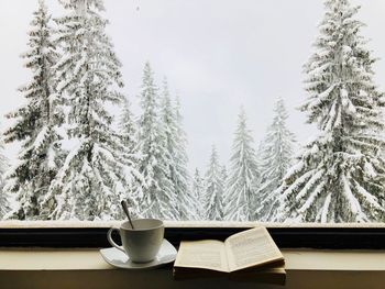 Open book with cup and saucer on window sill against snow covered trees