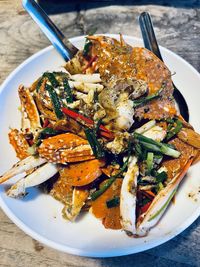 High angle view of food served in plate