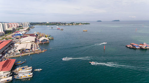 High angle view of boats in sea