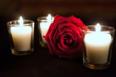 Close-up of lit candles on table