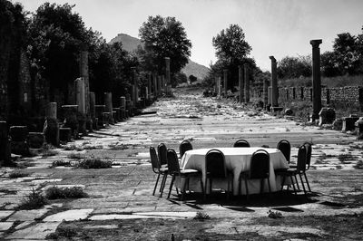 Dining table in the ancient city of ephesus, absurd image.