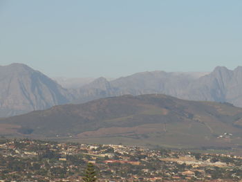 Aerial view of landscape and mountains against clear sky