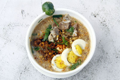 High angle view of food in bowl on table