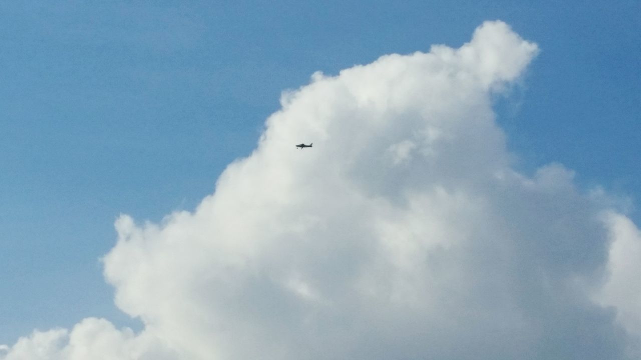 low angle view, sky, flying, mode of transport, transportation, airplane, cloud - sky, scenics, beauty in nature, blue, mid-air, air vehicle, tranquility, day, nature, cloud, tranquil scene, sky only, cloudscape, outdoors, journey, softness, distant, full frame, cumulus cloud, no people, fluffy, cloudy, majestic, heaven