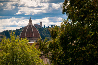 Panoramic view of trees and temple against sky