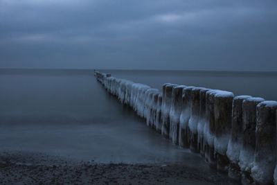 Frozen groins at shoreline of baltic sea