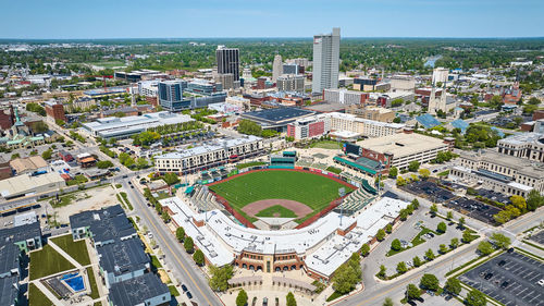 High angle view of buildings in city