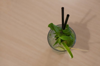 High angle view of drink on table