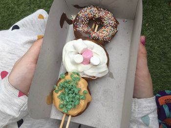 High angle view of hand holding ice cream