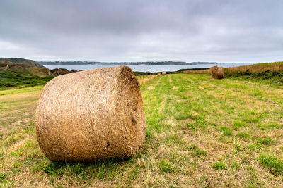 Hay bales on field against sky