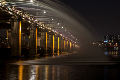 Blurred motion of fountains on illuminated banpo bridge at night