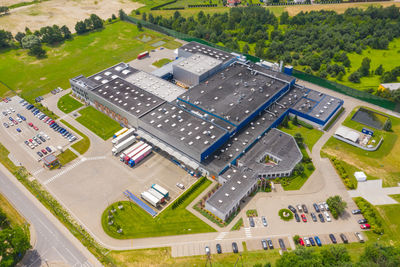 Aerial view of goods warehouse. logistics center in industrial city zone from above. aerial view 