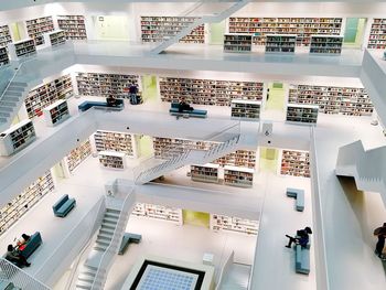 High angle view of books on table at shopping mall