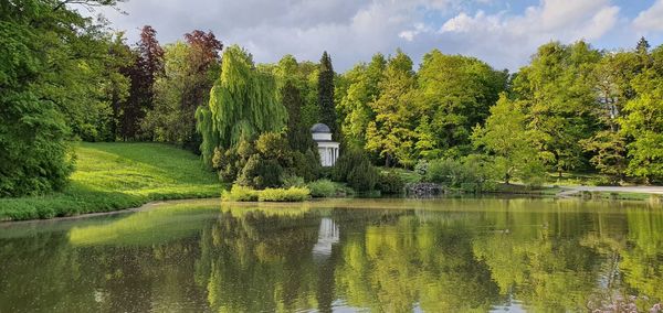 Scenic view of lake by trees against sky