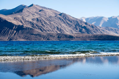 Scenic view of sea and mountains against sky