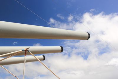 Low angle view of cannons in battleship against sky