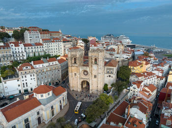 Lisbon cathedral of saint mary major. downtown old town of lisbon, portugal. drone point of view