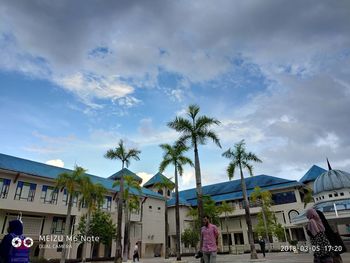 Houses and palm trees against sky