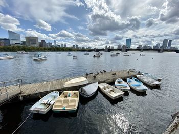 High angle view of harbor by river against sky