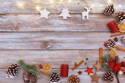 High angle view of christmas decorations on table