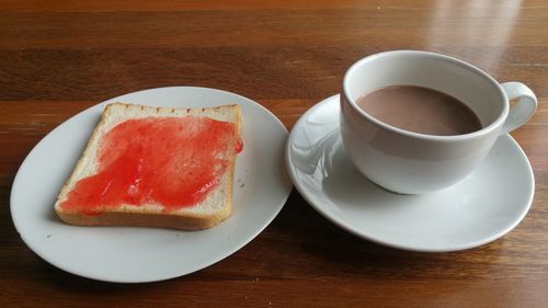 High angle view of breakfast served on table