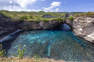 Scenic view of waterfall against sky