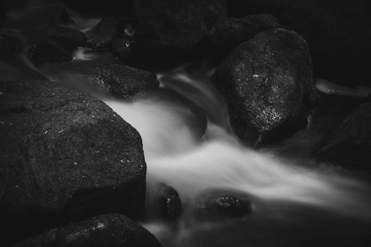 darkness, black, black and white, monochrome, monochrome photography, water, rock, light, macro photography, no people, motion, close-up, nature, long exposure, waterfall, beauty in nature, white, scenics - nature