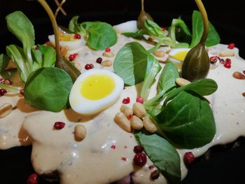 High angle view of dessert in plate on table