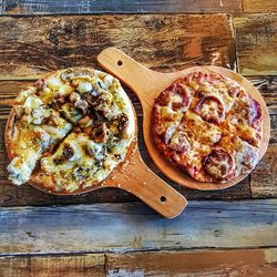 High angle view of pizza on table