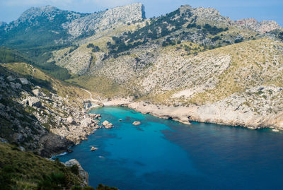 Idyllic shot of rocky mountains and sea at majorca