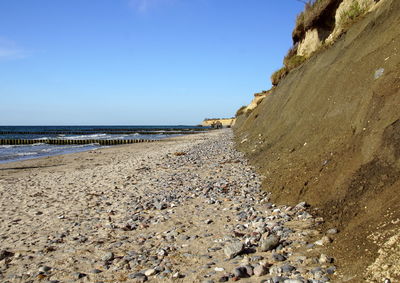 Surface level of beach against clear sky