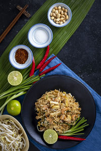 High angle view of food served on table