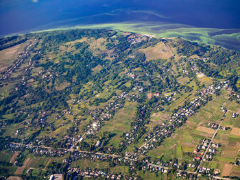 High angle view of trees on field in city