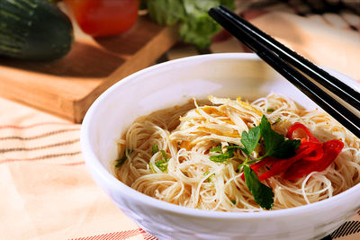 High angle view of noodles in bowl on table