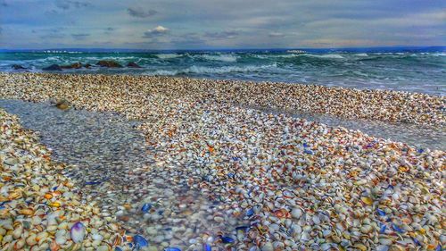 View of pebbles on beach against sky