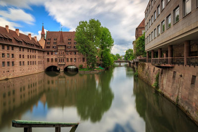 Canal in city against sky