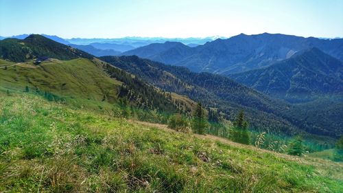 Scenic view of landscape and mountains against sky