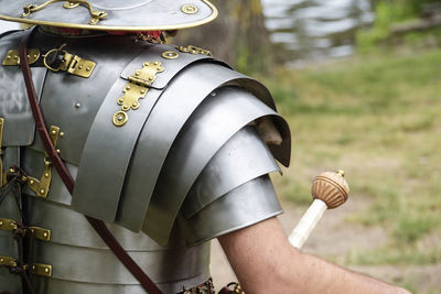 Close-up of soldier in metal costume