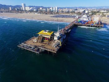 Aerial view of santa monica pier at beach