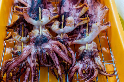 High angle view of meat for sale at market