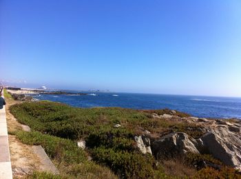 Scenic view of sea against clear blue sky