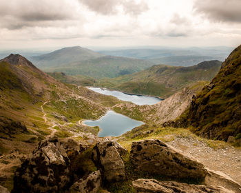 Scenic view of river amidst mountains against sky